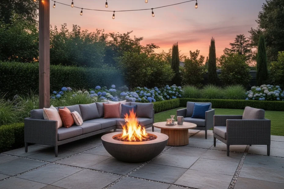 Brasero moderne allumé sur une terrasse aménagée avec salon de jardin, ambiance chaleureuse en soirée