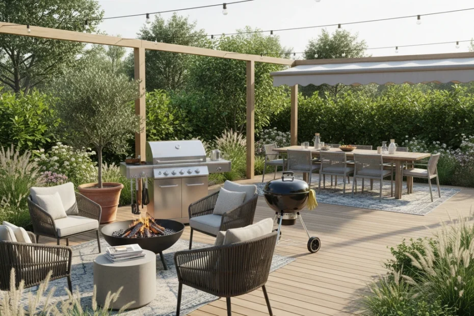 Comparaison entre un brasero et un barbecue installés côte à côte sur une terrasse de jardin moderne