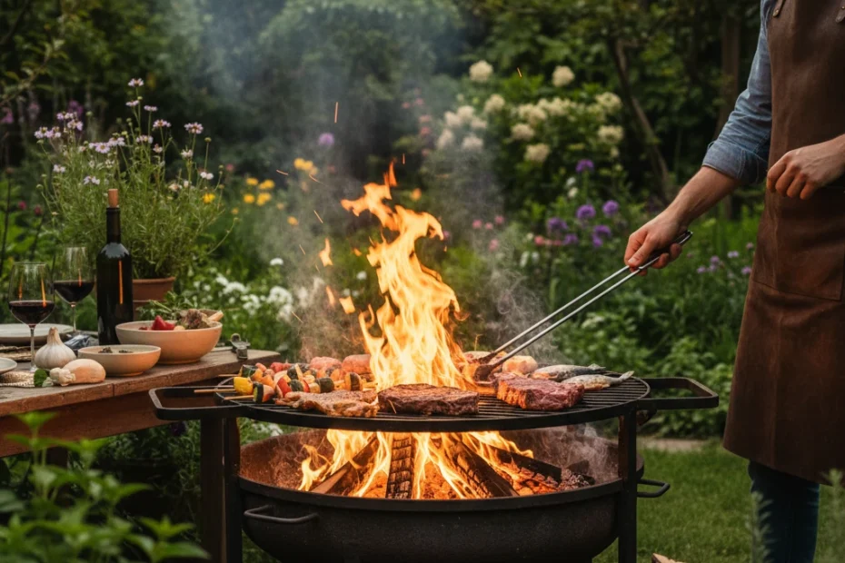 Cuisson en plein air sur un brasero traditionnel avec flammes et braises dans un jardin en soirée