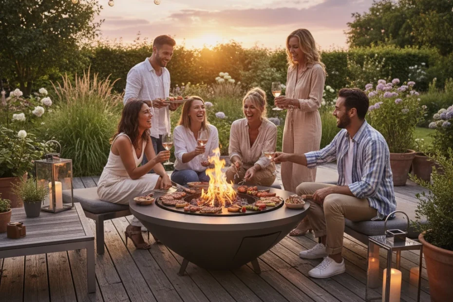 Groupe d'amis réunis autour d'un brasero plancha moderne lors d'un repas convivial en extérieur au coucher du soleil