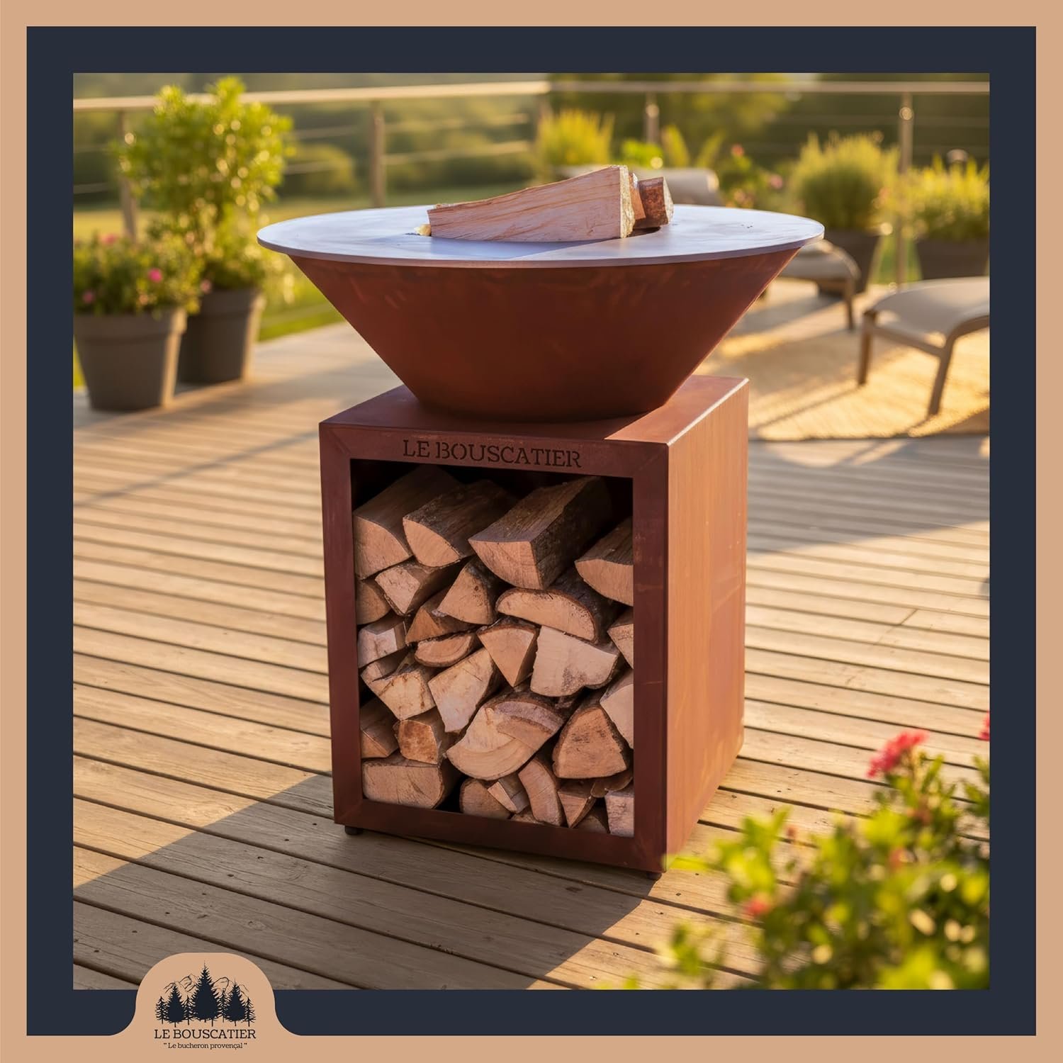 Avis brasero plancha Lou Bouscarian rond 74 cm Le Bouscatier — rangement bûches et plancha