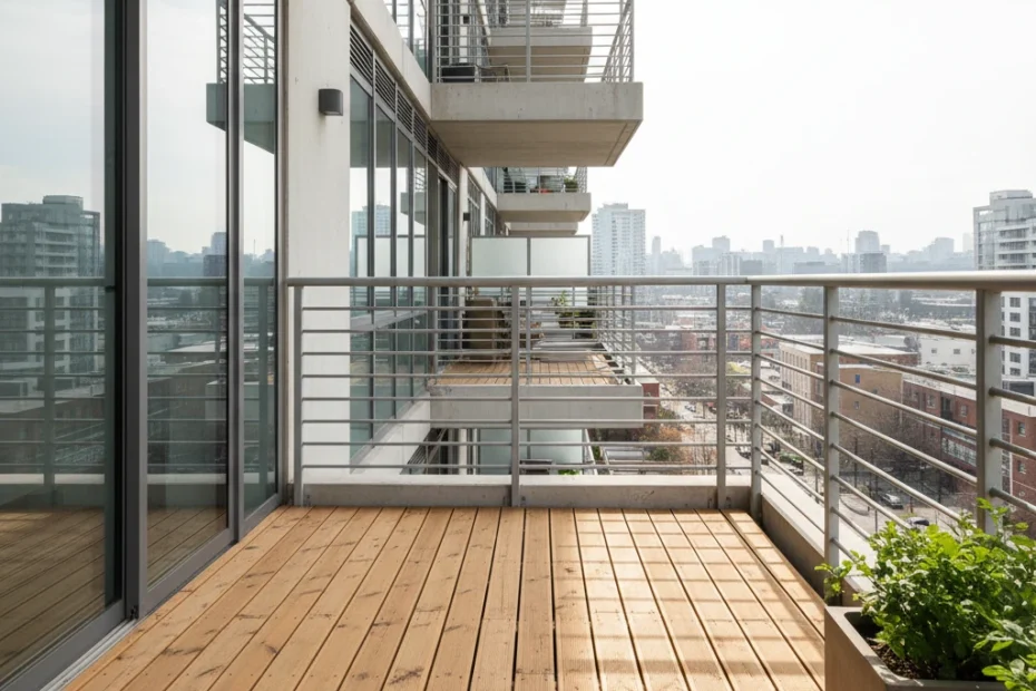Balcon d'appartement moderne avec terrasse en bois et garde-corps, espace extérieur résidentiel urbain