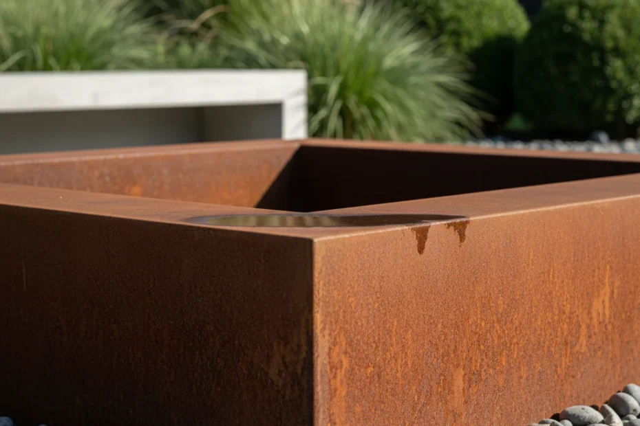 Brasero en acier corten avec patine de rouille naturelle installé dans un jardin moderne et contemporain