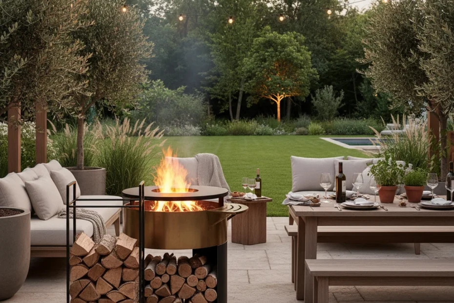 Brasero plancha extérieur avec différents types de bois empilés à côté, ambiance chaleureuse de jardin