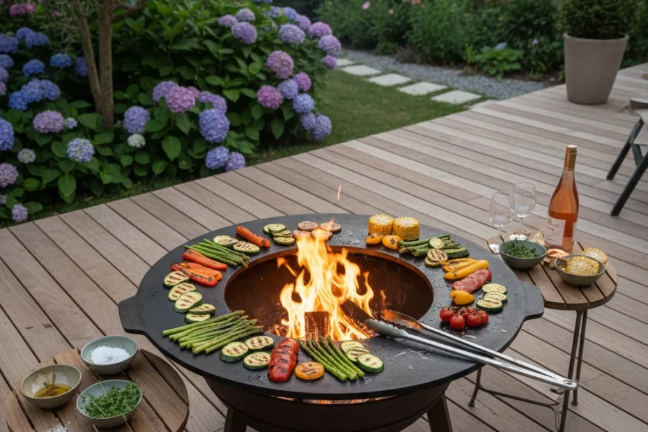 Brasero plancha moderne installé sur une terrasse en bois avec légumes grillés et flammes, ambiance soirée