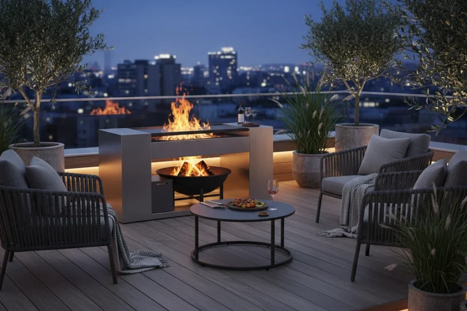 Brasero plancha moderne sur une terrasse en bois avec flammes chaleureuses en soirée, ambiance conviviale