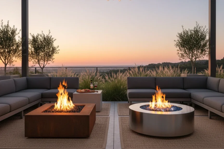 Comparaison visuelle entre un brasero en acier corten patiné et un brasero en inox poli sur une terrasse moderne