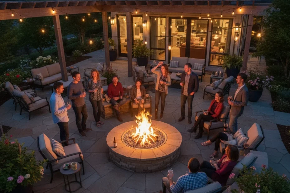 Groupe de personnes réunies autour d'un brasero extérieur lors d'une soirée conviviale en terrasse