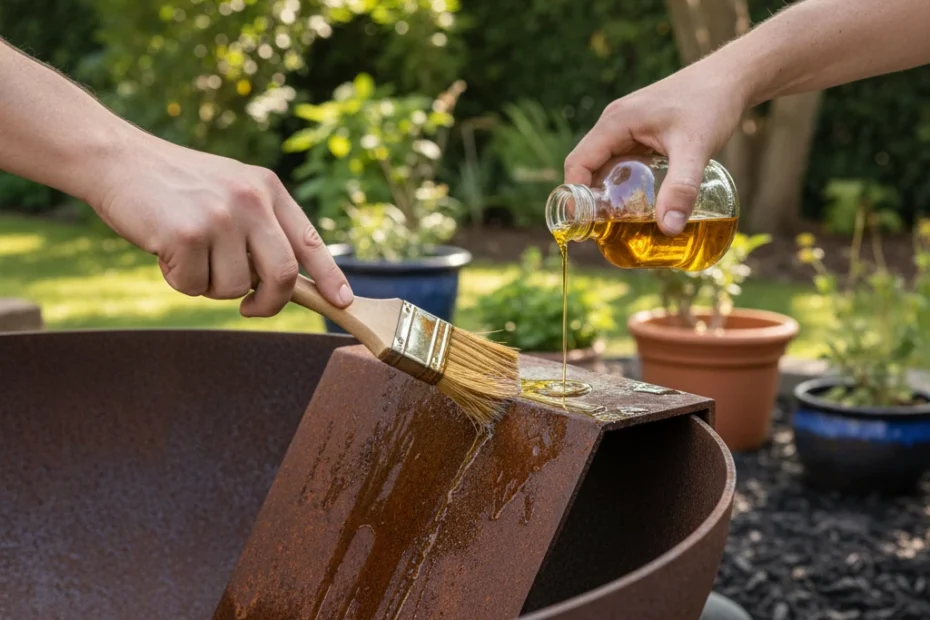 Mains appliquant de l'huile sur un brasero en acier corten pour le culottage dans un jardin extérieur