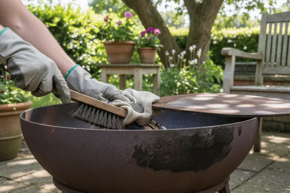 Nettoyage d'un brasero en métal avec une brosse, gros plan sur les mains dans un jardin extérieur