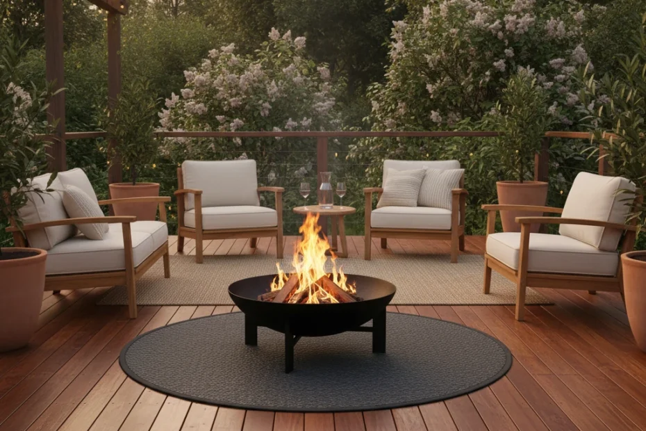 Terrasse en bois protégée avec un tapis ignifuge sous un brasero, ambiance chaleureuse en soirée