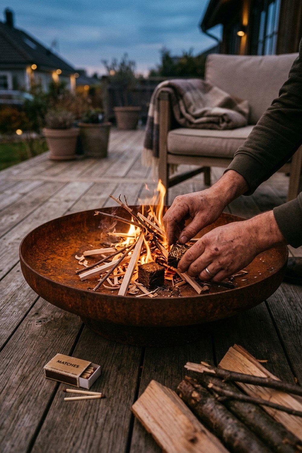 Mains plaçant un allume-feu naturel sous du petit bois dans un brasero en acier corten